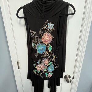 GUESS floral sleeveless open front/Hi low Draped Cardigan Vest black M Y2K